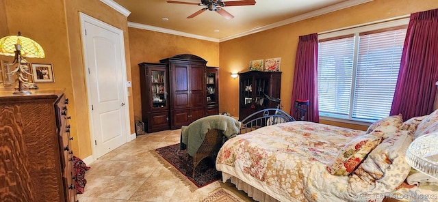 23280 E Horseshoe Bend Rd, Park Hill, OK 74451 - bedroom with ornamental molding, light tile patterned flooring, and ceiling fan