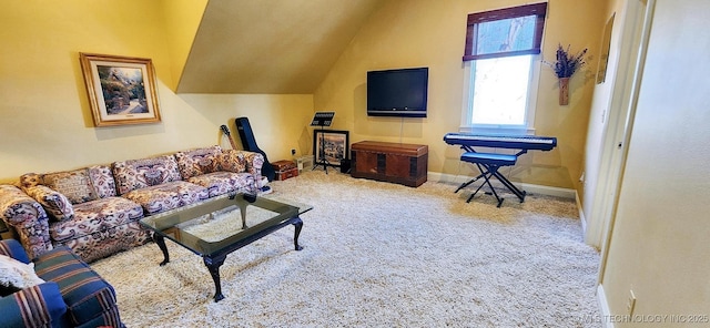 23280 E Horseshoe Bend Rd, Park Hill, OK 74451 - carpeted living room with lofted ceiling and baseboards
