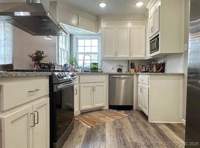 kitchen with wood finished floors, tasteful backsplash, appliances with stainless steel finishes, white cabinetry, and wall chimney range hood