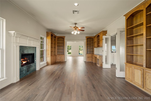 8315 N 99th E Ave, Owasso, OK 74055 - unfurnished living room with a ceiling fan, a high end fireplace, dark wood finished floors, ornamental molding, and recessed lighting