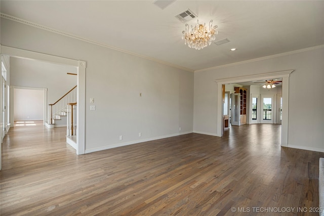 8315 N 99th E Ave, Owasso, OK 74055 - unfurnished living room featuring a chandelier, dark wood-type flooring, stairway, a ceiling fan, and crown molding
