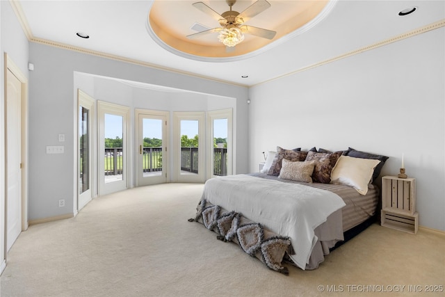 8315 N 99th E Ave, Owasso, OK 74055 - bedroom featuring access to outside, light carpet, a raised ceiling, ornamental molding, and ceiling fan
