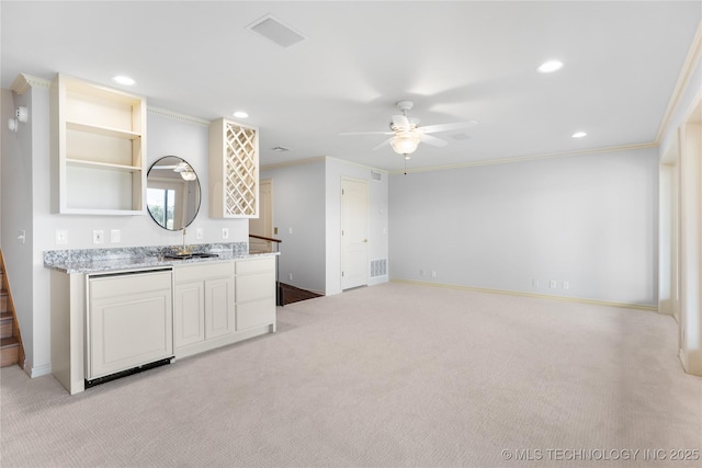 8315 N 99th E Ave, Owasso, OK 74055 - kitchen with a ceiling fan, ornamental molding, light carpet, recessed lighting, and open shelves