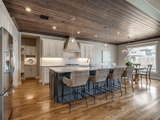 kitchen featuring wooden ceiling, stainless steel appliances, custom exhaust hood, and visible vents