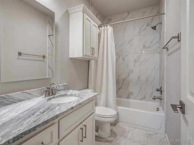 full bath with marble finish floor, vanity, toilet, and shower / tub combo