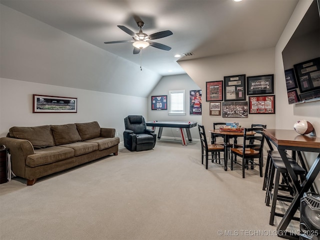 5519 E 123rd St S, Bixby, OK 74008 - living room featuring carpet, a ceiling fan, vaulted ceiling, recessed lighting, and baseboards