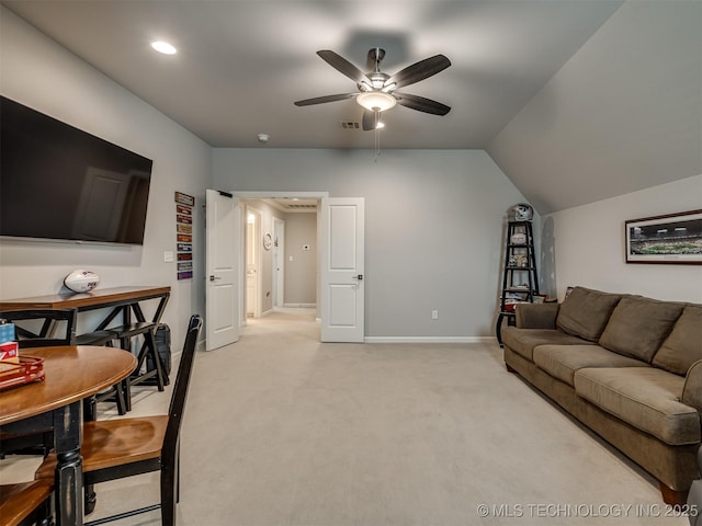 living room with lofted ceiling, baseboards, light colored carpet, ceiling fan, and recessed lighting