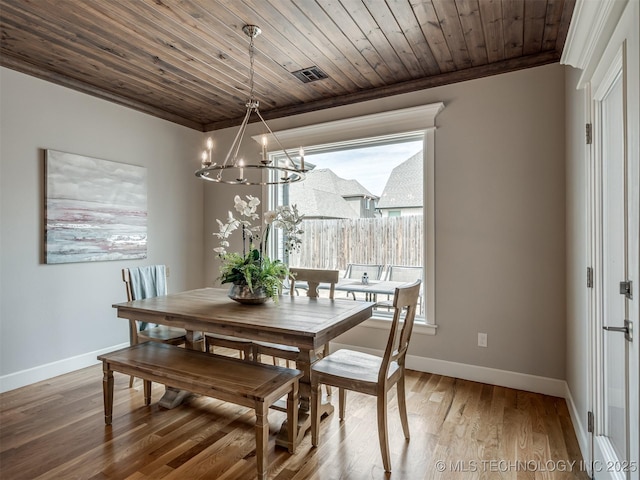 dining area with a wealth of natural light, wood finished floors, a notable chandelier, and ornamental molding