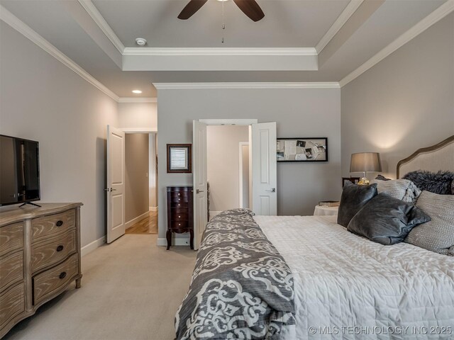 5519 E 123rd St S, Bixby, OK 74008 - bedroom featuring a raised ceiling, light carpet, crown molding, baseboards, and a ceiling fan