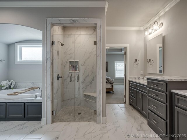 5519 E 123rd St S, Bixby, OK 74008 - bathroom with marble finish floors, vanity, a garden tub, ornamental molding, and a marble finish shower