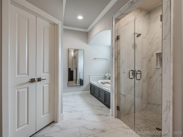 bathroom with crown molding, baseboards, marble finish floor, a marble finish shower, and recessed lighting