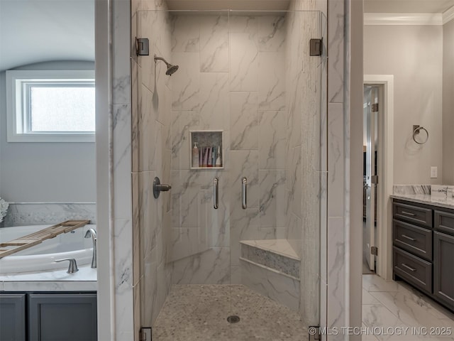 bathroom featuring vanity, a marble finish shower, ornamental molding, marble finish floor, and a bath