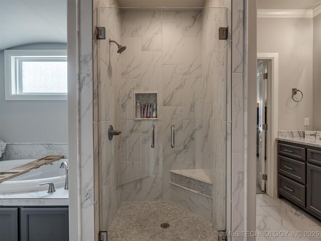 5519 E 123rd St S, Bixby, OK 74008 - full bath with marble finish floors, vanity, a marble finish shower, and ornamental molding