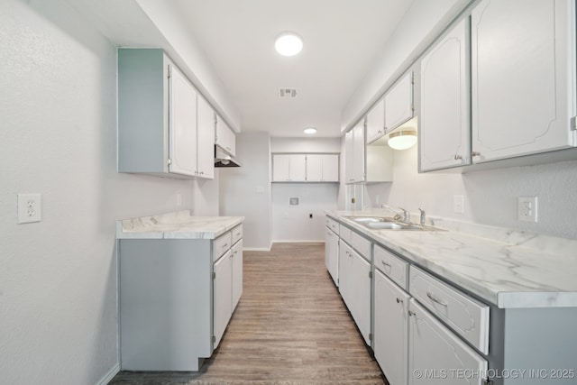 kitchen featuring light countertops, a sink, light wood-type flooring, and white cabinets