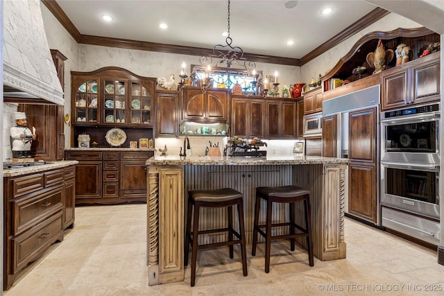 kitchen with built in appliances, premium range hood, crown molding, and a warming drawer