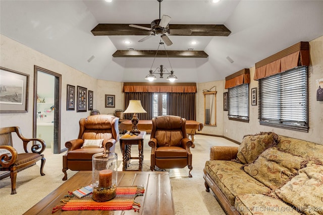 living area featuring light colored carpet, ceiling fan, and vaulted ceiling with beams
