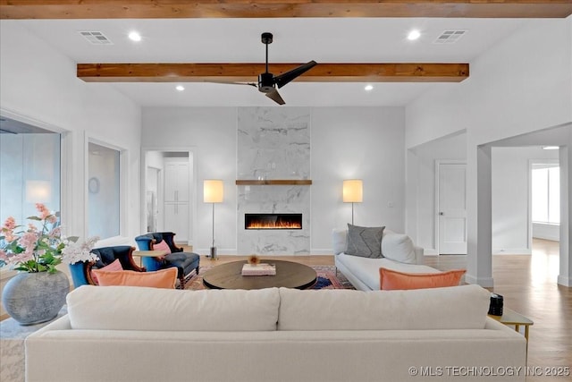 12202 S 102 E Ave, Bixby, OK 74008 - living room with wood finished floors, visible vents, a high end fireplace, and beam ceiling