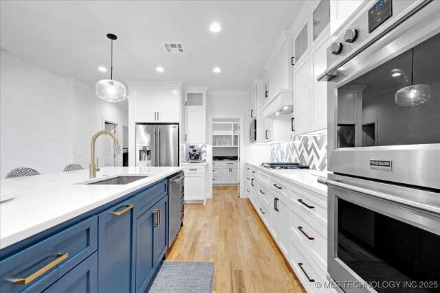 12202 S 102 E Ave, Bixby, OK 74008 - kitchen with a sink, glass insert cabinets, blue cabinets, and stainless steel appliances