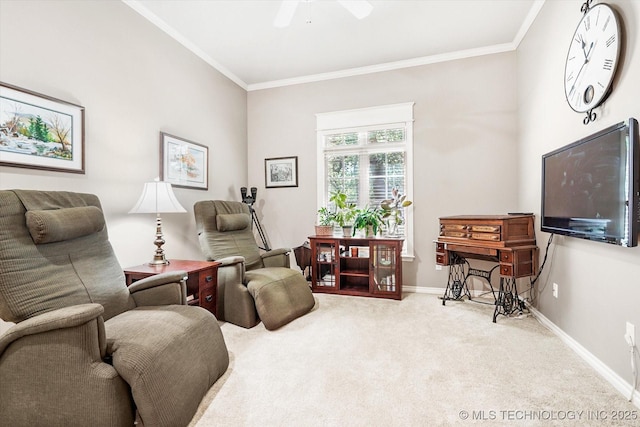 11748 S Canton Ave, Tulsa, OK 74137 - living area featuring baseboards, ceiling fan, ornamental molding, and carpet
