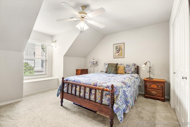 11748 S Canton Ave, Tulsa, OK 74137 - carpeted bedroom with baseboards, vaulted ceiling, a closet, and ceiling fan