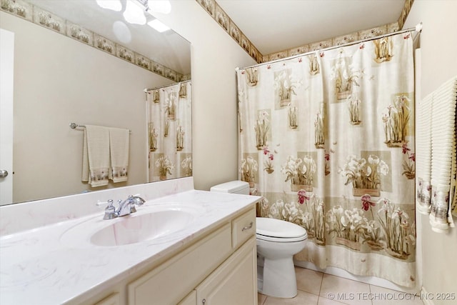 11748 S Canton Ave, Tulsa, OK 74137 - bathroom featuring a shower with curtain, toilet, tile patterned flooring, and vanity