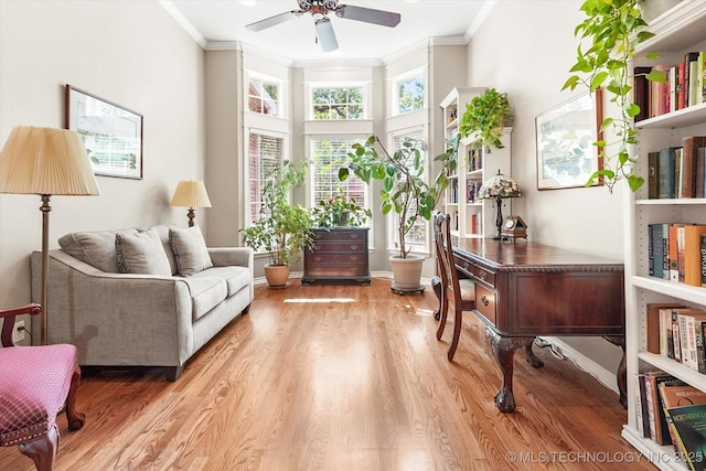 11748 S Canton Ave, Tulsa, OK 74137 - sitting room with baseboards, ornamental molding, light wood-style floors, and a ceiling fan