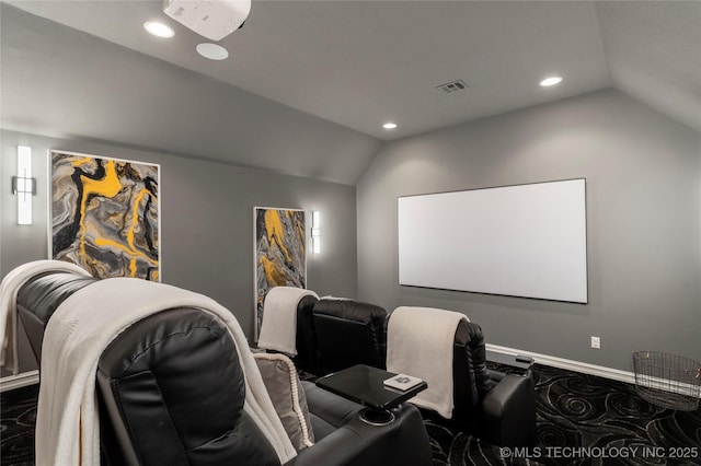 cinema with visible vents, recessed lighting, and vaulted ceiling