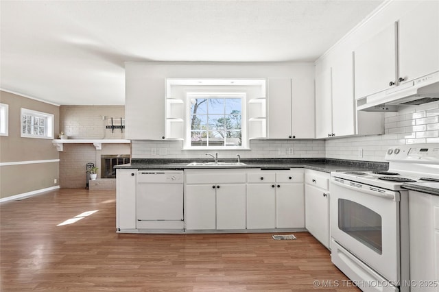 4641 S Trenton Ave, Tulsa, OK 74105 - kitchen with a healthy amount of sunlight, a sink, dark countertops, and white appliances