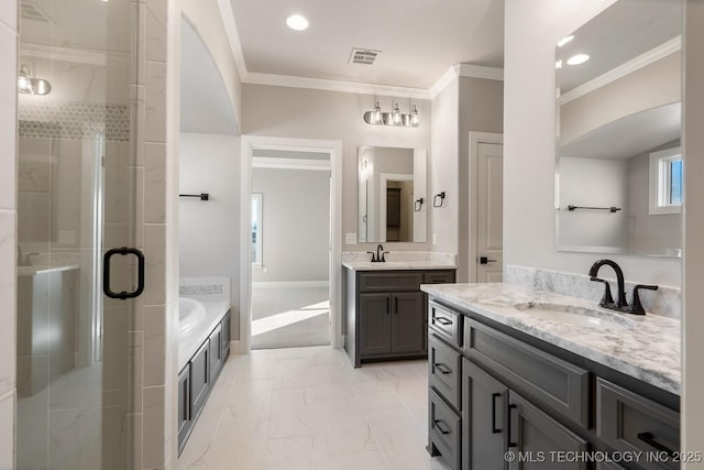 full bathroom featuring visible vents, a sink, a stall shower, and marble finish floor