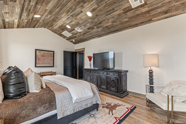 22450 S Rocky Ridge Ln, Claremore, OK 74019 - bedroom with light wood-style floors, vaulted ceiling, wood ceiling, baseboards, and recessed lighting