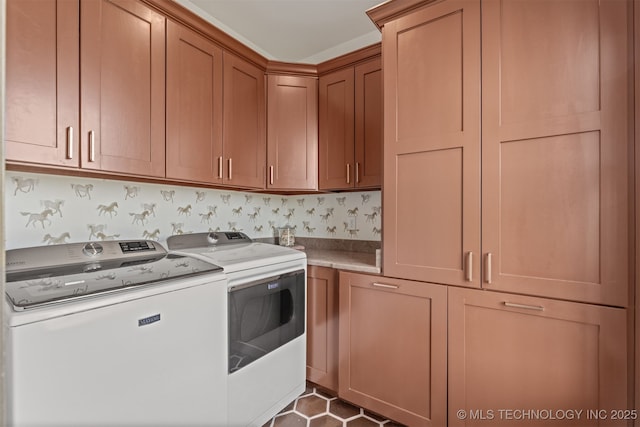 22450 S Rocky Ridge Ln, Claremore, OK 74019 - laundry room featuring washer and dryer, cabinet space, and dark tile patterned floors