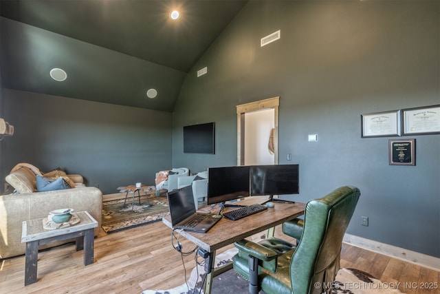 22450 S Rocky Ridge Ln, Claremore, OK 74019 - office featuring wood finished floors, baseboards, and high vaulted ceiling