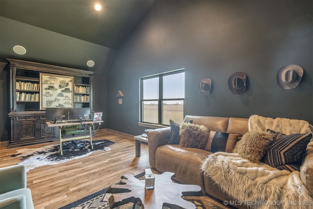22450 S Rocky Ridge Ln, Claremore, OK 74019 - home office with wood finished floors, baseboards, and high vaulted ceiling