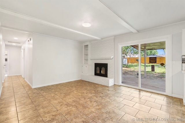 212 W 17th St, Owasso, OK 74055 - unfurnished living room featuring a brick fireplace, baseboards, and built in shelves
