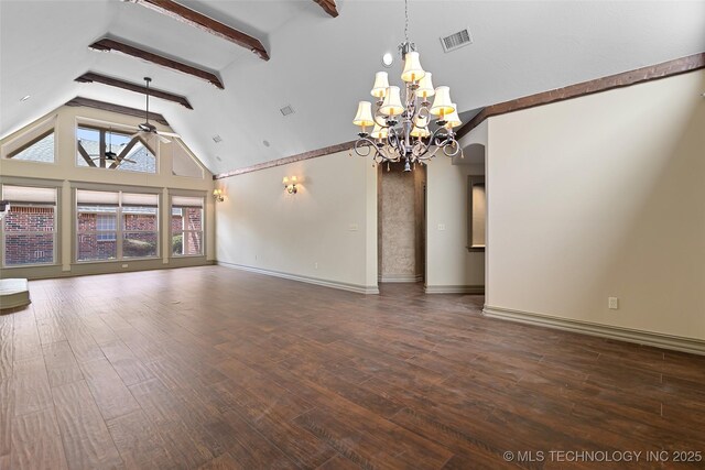 9707 E 90th Ct N, Owasso, OK 74055 - unfurnished living room with wood finished floors, high vaulted ceiling, beam ceiling, and visible vents