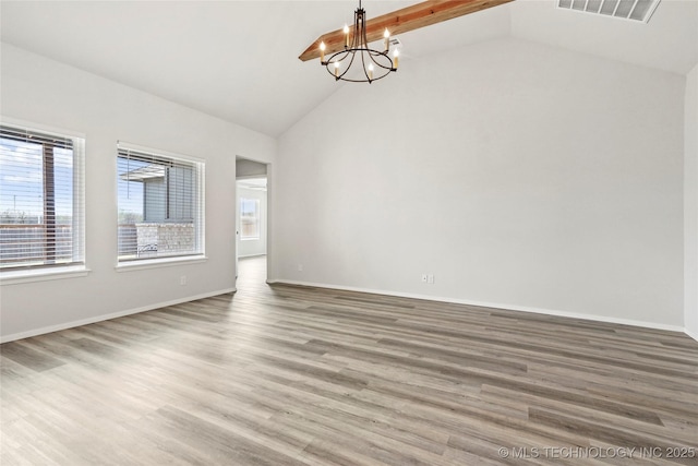 13119 S 72nd E Pl, Bixby, OK 74008 - unfurnished room featuring an inviting chandelier, high vaulted ceiling, baseboards, wood finished floors, and visible vents