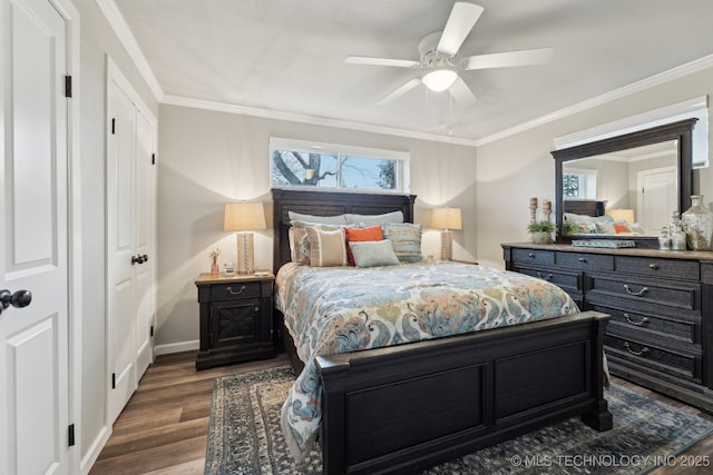 8700 S Union Ave, Tulsa, OK 74132 - bedroom featuring dark wood-style floors, ceiling fan, ornamental molding, and baseboards
