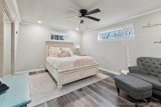 8700 S Union Ave, Tulsa, OK 74132 - bedroom with ornamental molding, wood finished floors, baseboards, ceiling fan, and recessed lighting