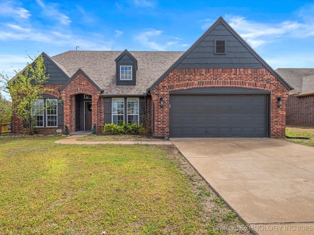 view of front facade featuring concrete driveway, a front lawn, an attached garage, brick siding, and a shingled roof