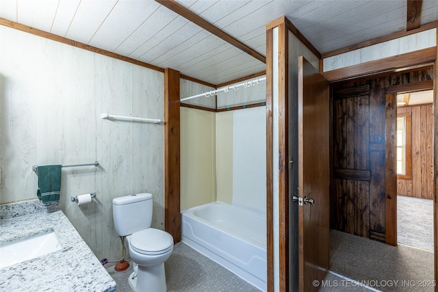 703 N Sioux Ave, Claremore, OK 74017 - bathroom with wood ceiling, wood walls, vanity, and shower / tub combination