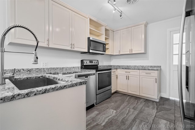 5729 E 24th Pl S, Tulsa, OK 74114 - kitchen with open shelves, ornamental molding, a sink, light stone counters, and appliances with stainless steel finishes