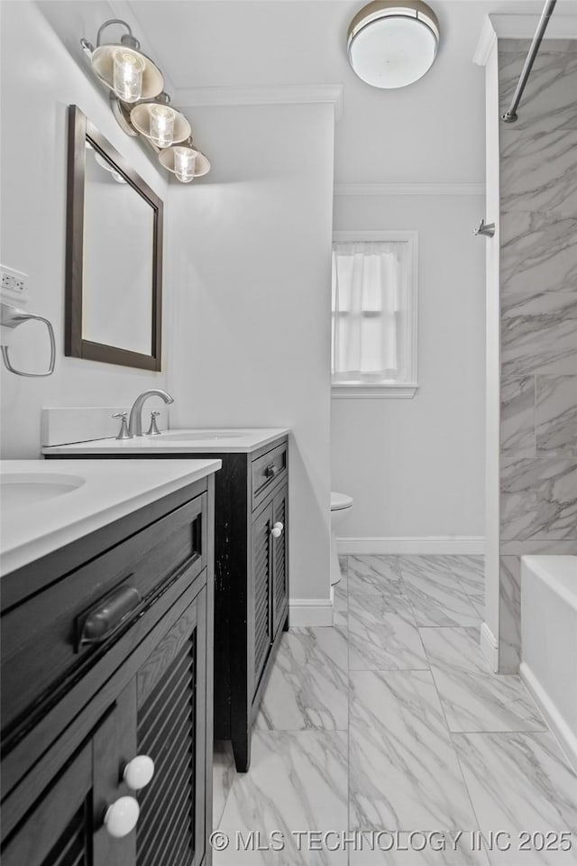5729 E 24th Pl S, Tulsa, OK 74114 - full bathroom with crown molding, baseboards, marble finish floor, toilet, and vanity