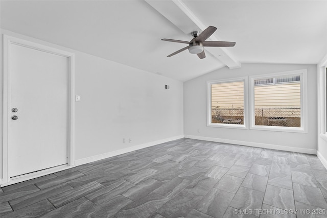 5729 E 24th Pl S, Tulsa, OK 74114 - unfurnished room featuring lofted ceiling with beams, baseboards, and a ceiling fan
