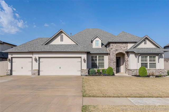 view of front of house featuring stucco siding, an attached garage, and stone siding