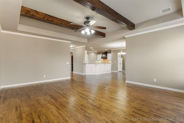 unfurnished living room with dark wood finished floors, visible vents, beamed ceiling, and ceiling fan with notable chandelier