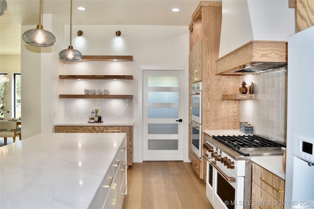 30303 E 59th St S, Broken Arrow, OK 74014 - kitchen featuring custom exhaust hood, double oven range, decorative backsplash, open shelves, and recessed lighting