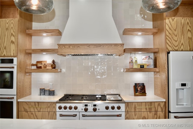 30303 E 59th St S, Broken Arrow, OK 74014 - kitchen featuring white appliances, custom exhaust hood, open shelves, decorative backsplash, and light countertops