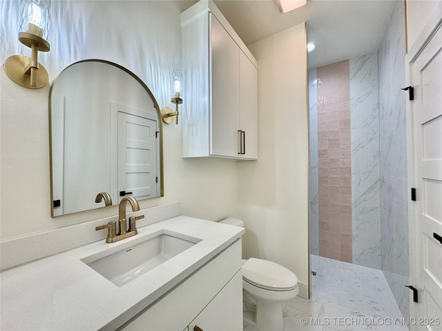 30303 E 59th St S, Broken Arrow, OK 74014 - bathroom with marble finish flooring, vanity, a marble finish shower, and recessed lighting