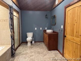 full bathroom with wooden ceiling, toilet, vaulted ceiling, and a shower stall
