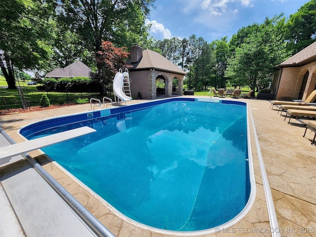 870 Cherry Springs Dr, Tahlequah, OK 74464 - view of swimming pool with a water slide, a diving board, a patio, and a gazebo